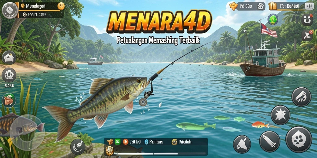 Tampilan gameplay MENARA4D menunjukkan petualangan memancing yang seru.